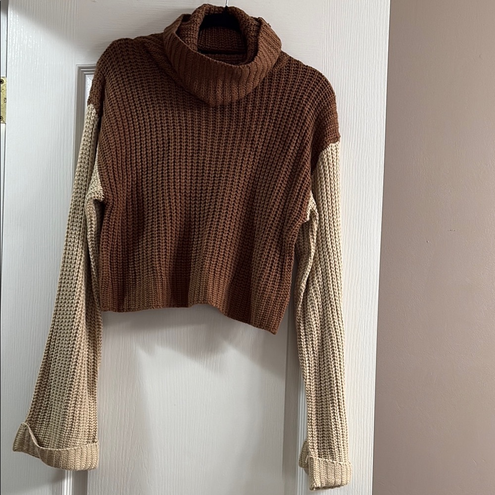 She + Sky Brown and Cream Cowl Neck Cropped Sweater
